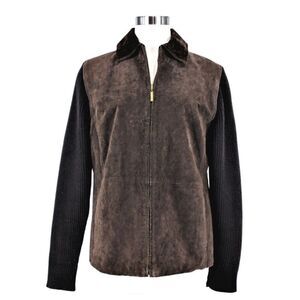 Vintage Sweater Jacket Suede & Knit Grannycore Lined Zipper Front Brown Size L